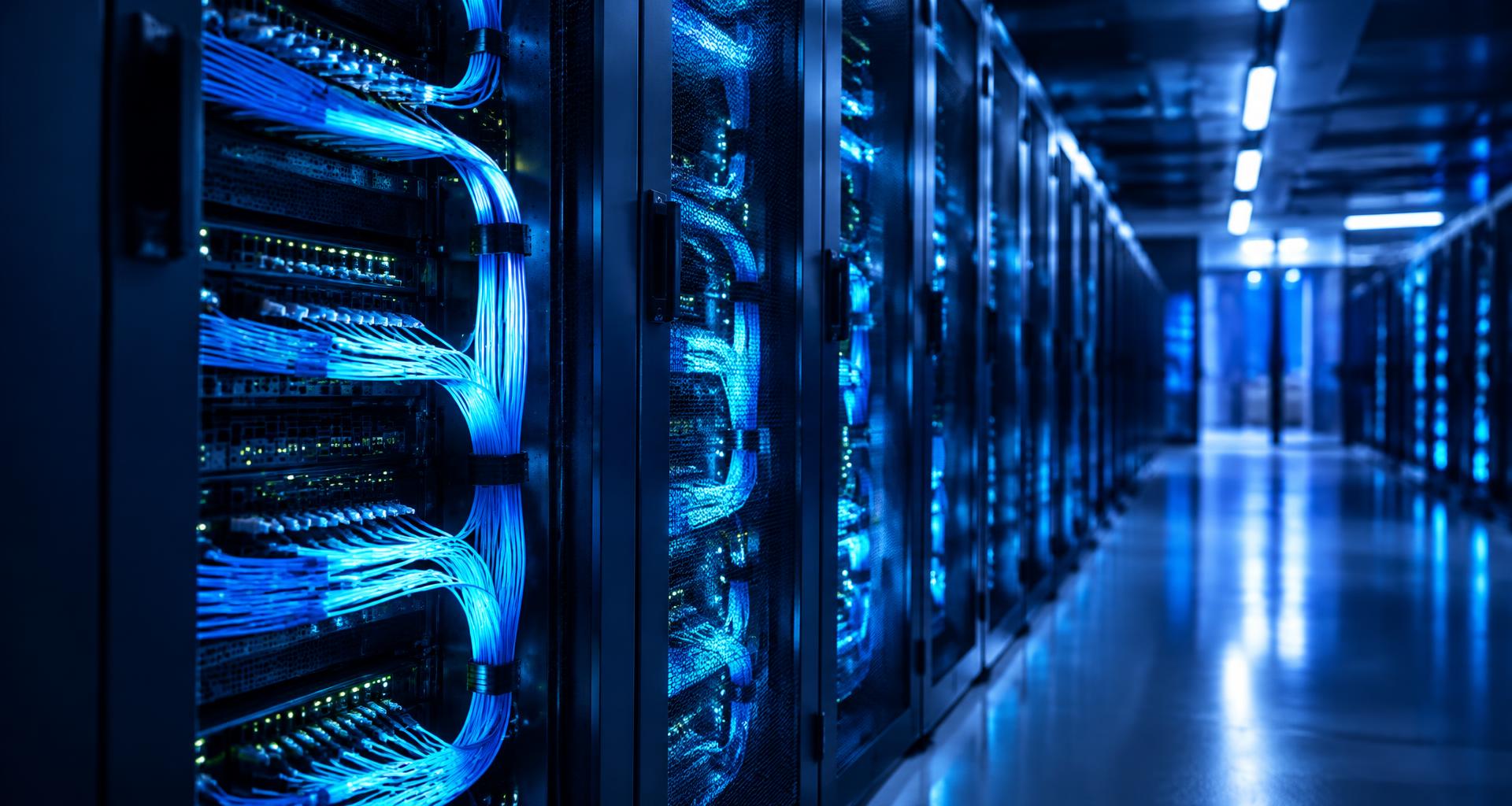 Data center com racks de servidores e cabeamento estruturado em azul