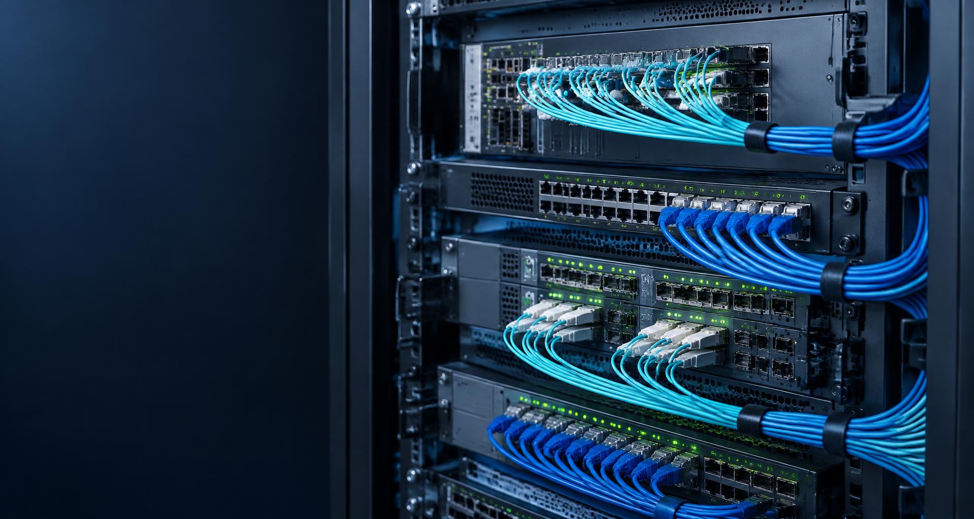 Rack de telecomunicações com switches e conexões ópticas